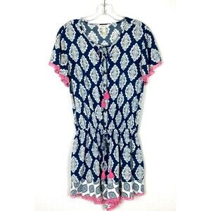Matilda Jane Womens Romper Size S Blue Cream Pink Geometric Tassels Crochet Trim